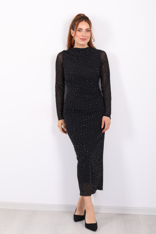 Drapeli Büzgülü Taşlı Siyah Kadın Midi Tül Elbise - 7