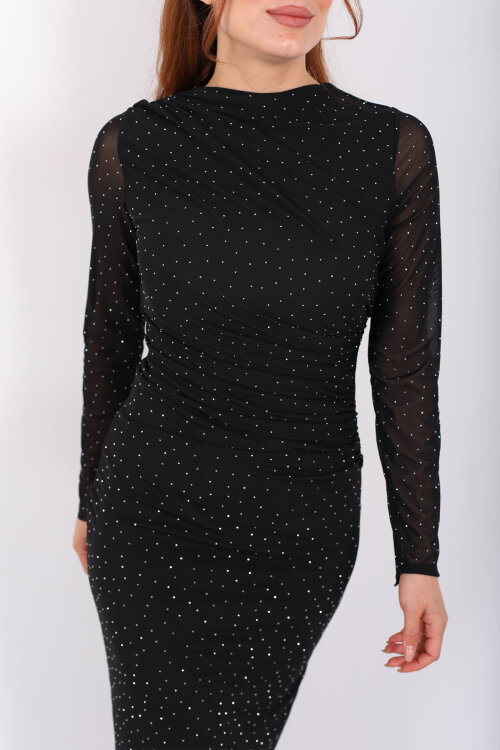 Drapeli Büzgülü Taşlı Siyah Kadın Midi Tül Elbise - Berox (1)