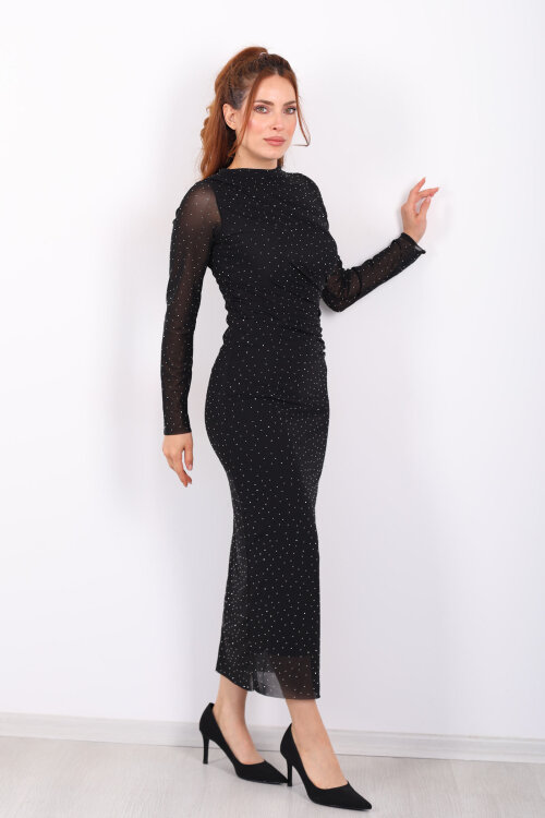 Drapeli Büzgülü Taşlı Siyah Kadın Midi Tül Elbise - 3