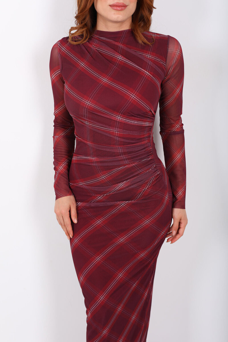 Drapeli Maxi Ekose Desenli Mürdüm Kadın Tül Elbise - 2