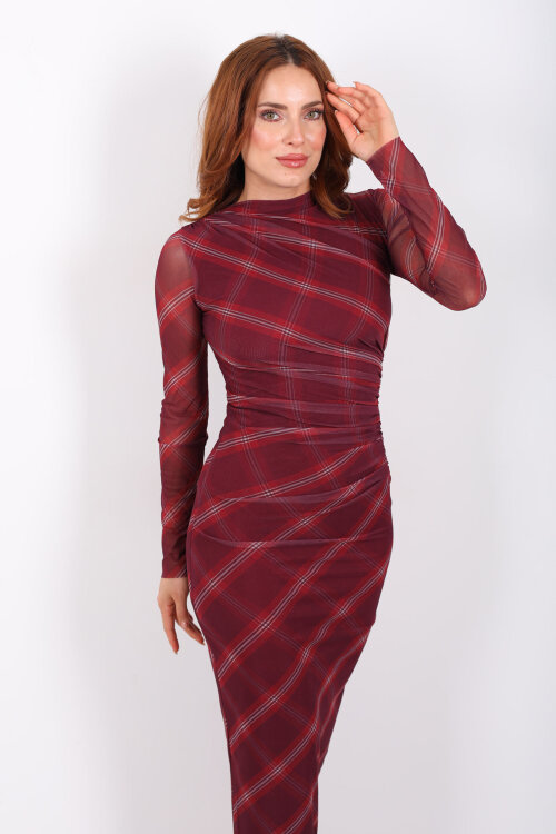 Drapeli Maxi Ekose Desenli Mürdüm Kadın Tül Elbise 