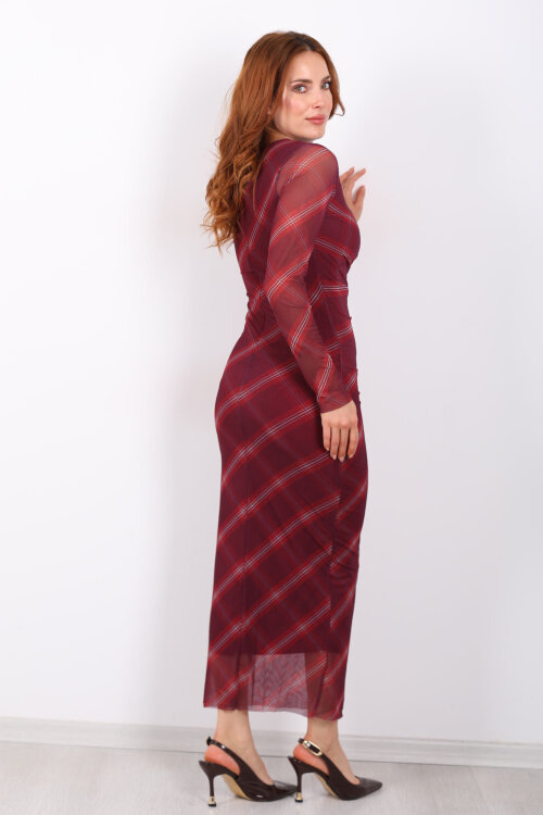 Drapeli Maxi Ekose Desenli Mürdüm Kadın Tül Elbise - 5