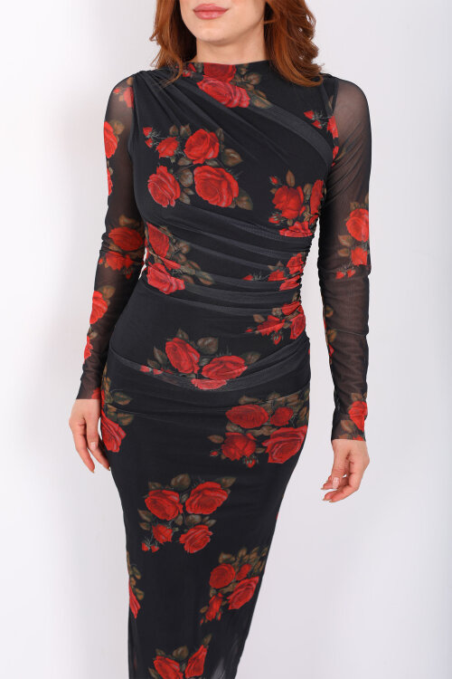 Drapeli Maxi Gül Desenli Siyah Kadın Tül Elbise - Berox (1)