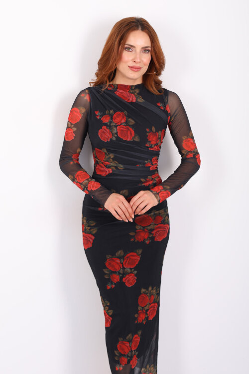 Drapeli Maxi Gül Desenli Siyah Kadın Tül Elbise - 3