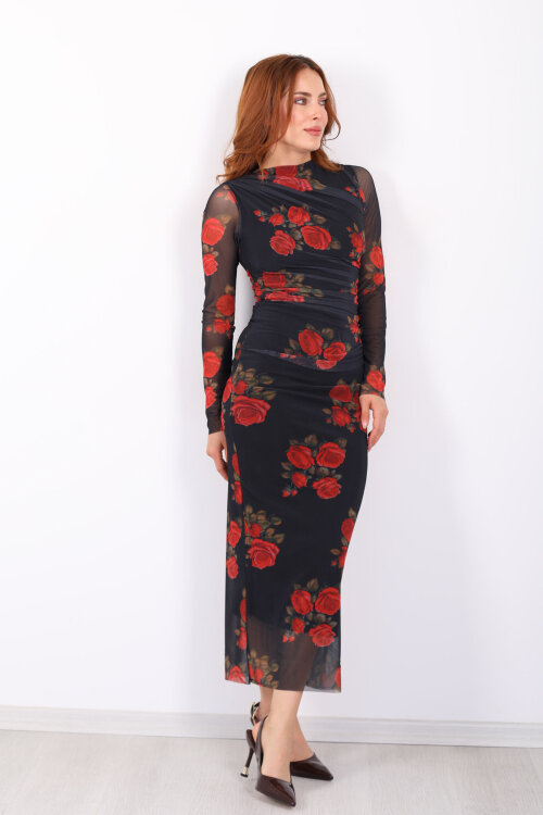 Drapeli Maxi Gül Desenli Siyah Kadın Tül Elbise 