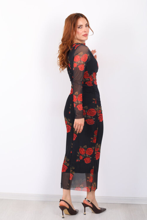 Drapeli Maxi Gül Desenli Siyah Kadın Tül Elbise - 4