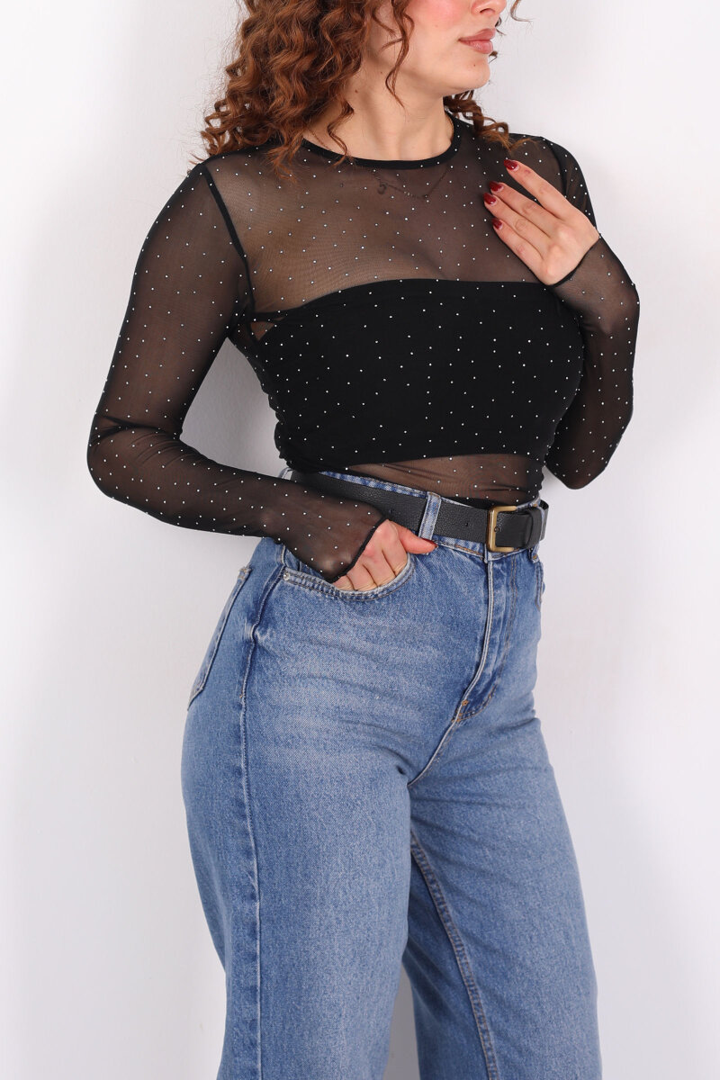 Drapeli Taş Detaylı Siyah Kadın Transparan Bluz - 2