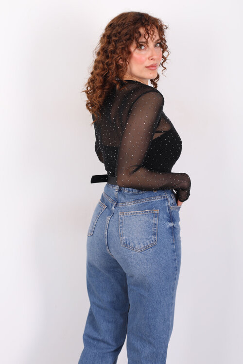 Drapeli Taş Detaylı Siyah Kadın Transparan Bluz - 4