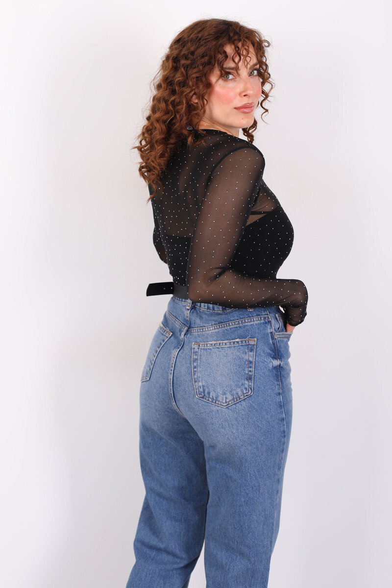 Drapeli Taş Detaylı Siyah Kadın Transparan Bluz - 4