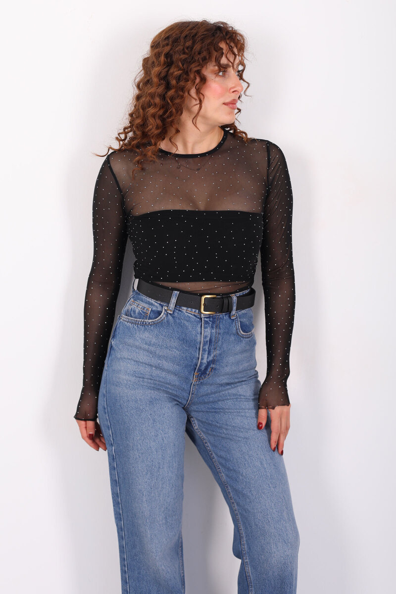 Drapeli Taş Detaylı Siyah Kadın Transparan Bluz - 5