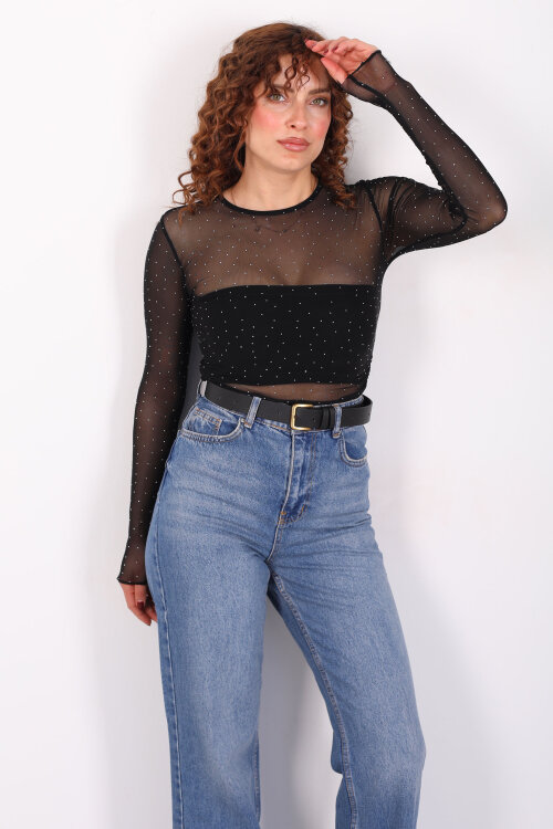 Drapeli Taş Detaylı Siyah Kadın Transparan Bluz - Berox