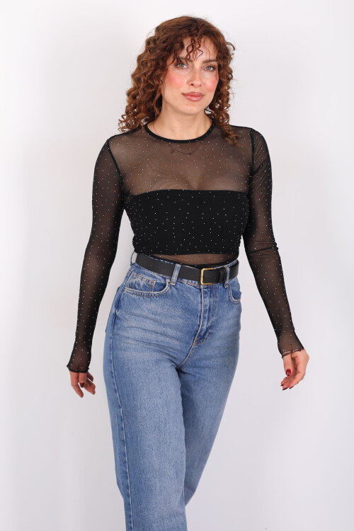 Drapeli Taş Detaylı Siyah Kadın Transparan Bluz - 3