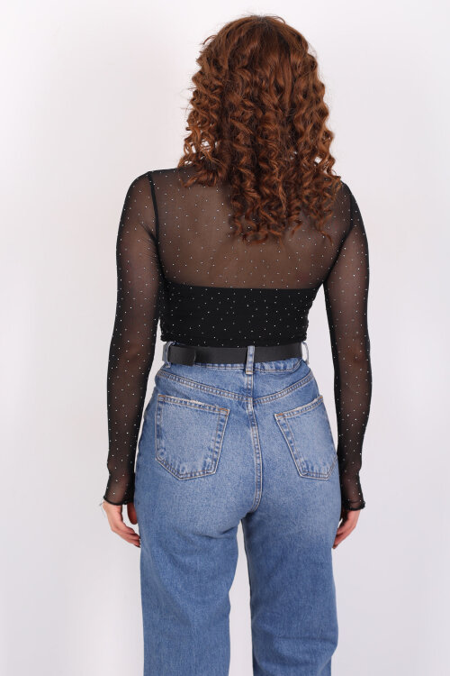 Drapeli Taş Detaylı Siyah Kadın Transparan Bluz - 6