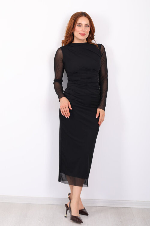 Drapeli Uzun Kol Siyah Kadın Midi Tül Elbise - 3