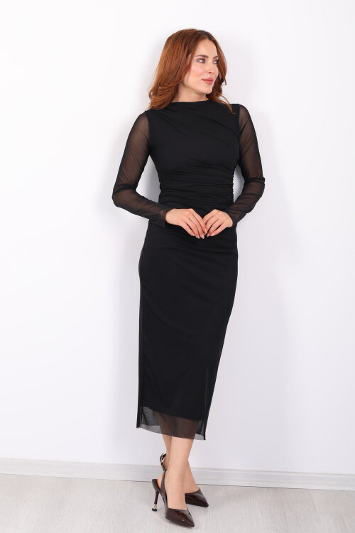 Drapeli Uzun Kol Siyah Kadın Midi Tül Elbise 