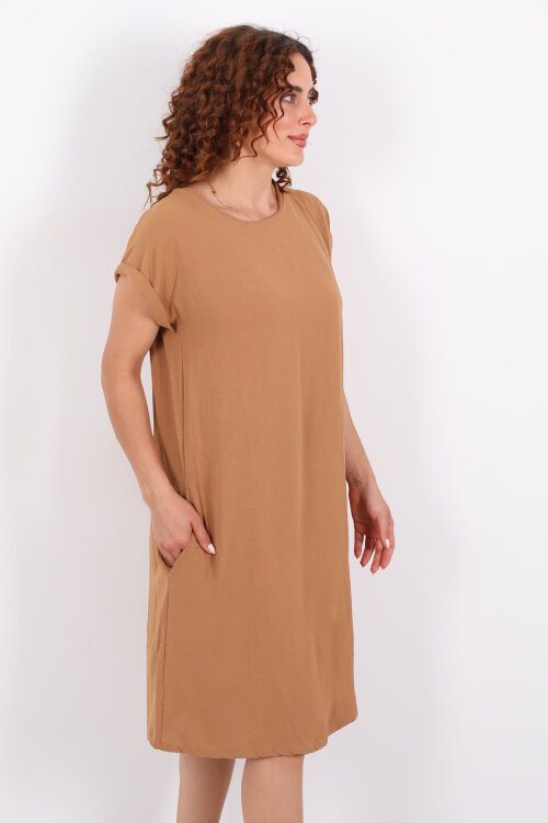Duble Kol Cepli Salaş Kesim Midi Camel Kadın Ayrobin Elbise - 3