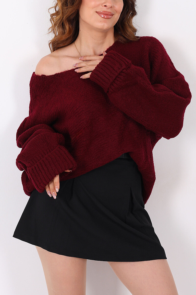 Duble Kol Oversize Bordo Kadın Triko Kazak - 2