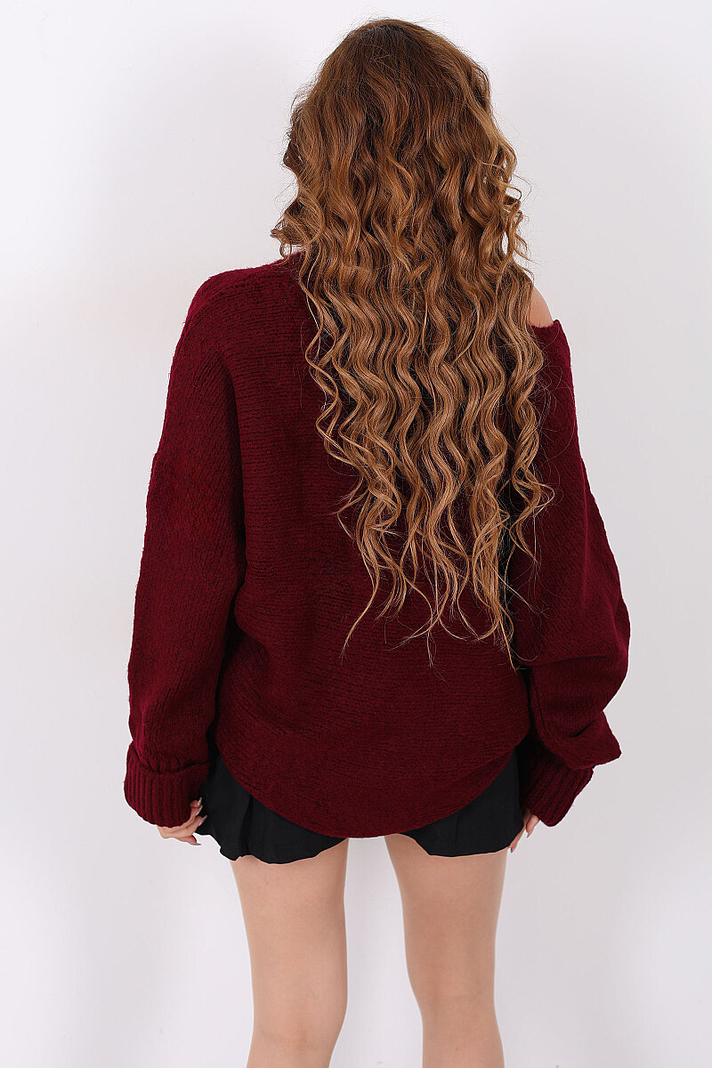 Duble Kol Oversize Bordo Kadın Triko Kazak - 5