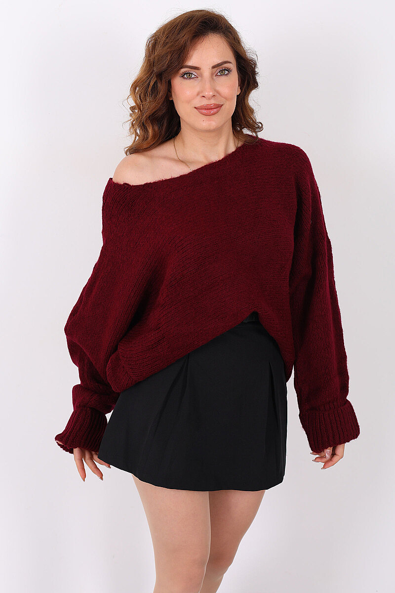 Duble Kol Oversize Bordo Kadın Triko Kazak - 6