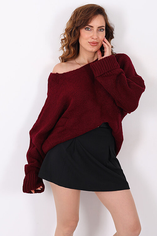 Duble Kol Oversize Bordo Kadın Triko Kazak - 4
