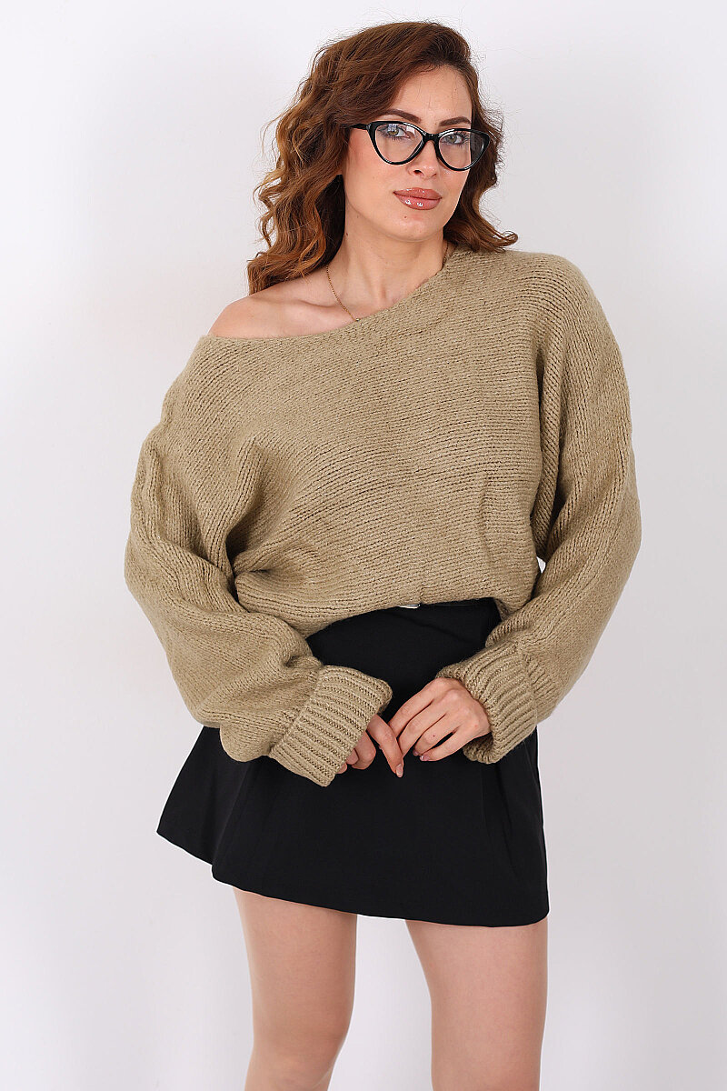 Duble Kol Oversize Haki Kadın Triko Kazak - 1