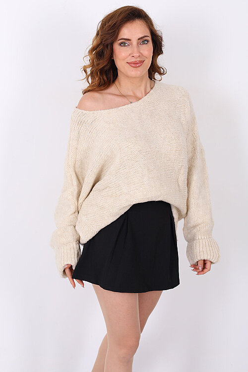 Duble Kol Oversize Krem Kadın Triko Kazak - 3