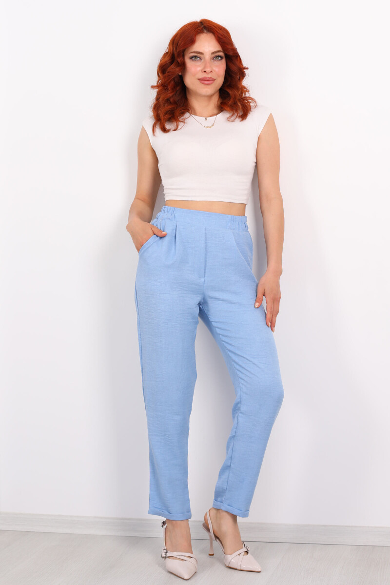 Duble Paça Keten Bebe Mavisi Kadın Pantolon - 3