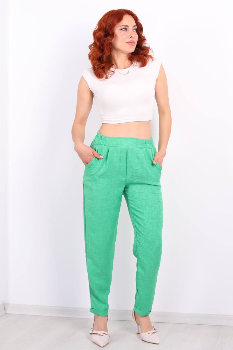 Duble Paça Keten Yeşil Kadın Pantolon - 4