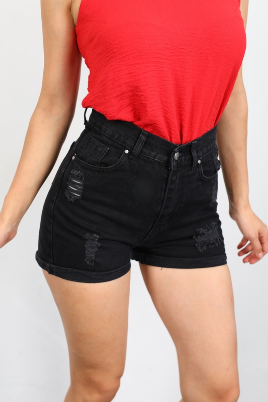 Duble Paça Yırtıklı Füme Kadın Mini Kot Şort - 4