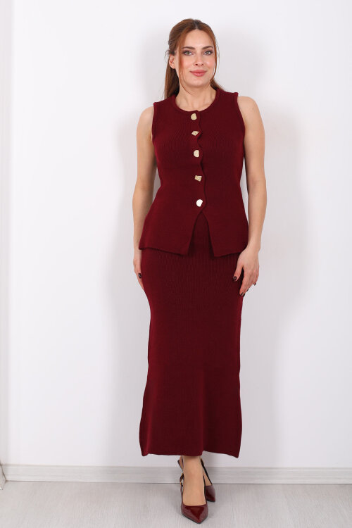 Düğme Aksesuarlı Kadın Bordo Etek Triko Takım - 7