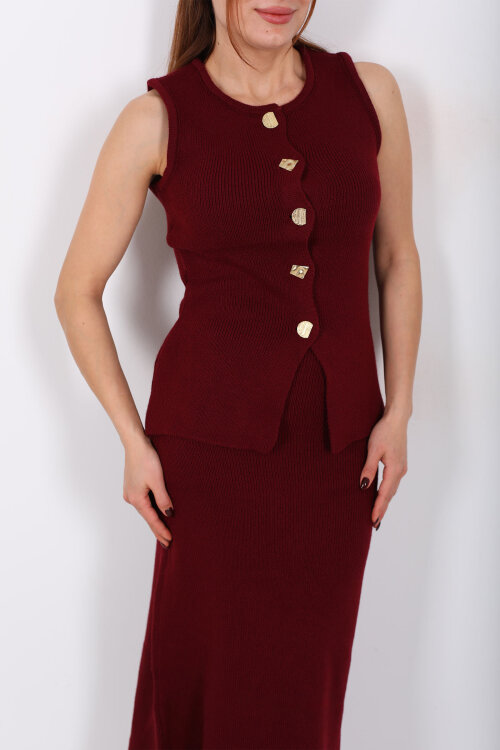 Düğme Aksesuarlı Kadın Bordo Etek Triko Takım - Berox (1)