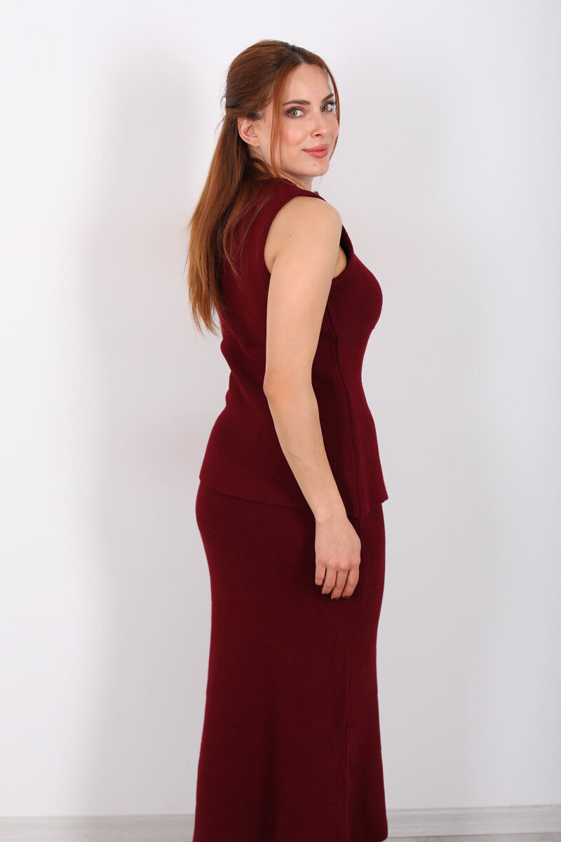 Düğme Aksesuarlı Kadın Bordo Etek Triko Takım - 6