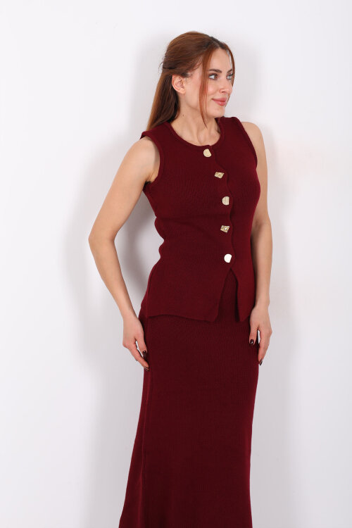 Düğme Aksesuarlı Kadın Bordo Etek Triko Takım - Berox