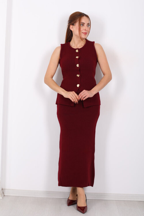 Düğme Aksesuarlı Kadın Bordo Etek Triko Takım - 4