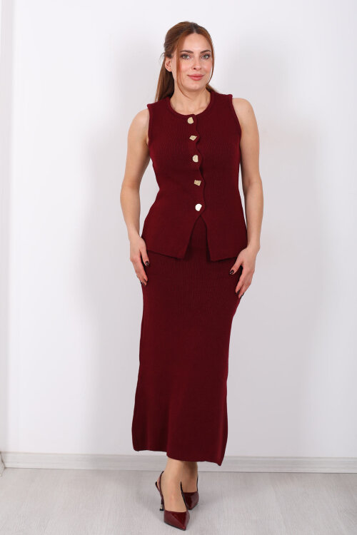 Düğme Aksesuarlı Kadın Bordo Etek Triko Takım - 5