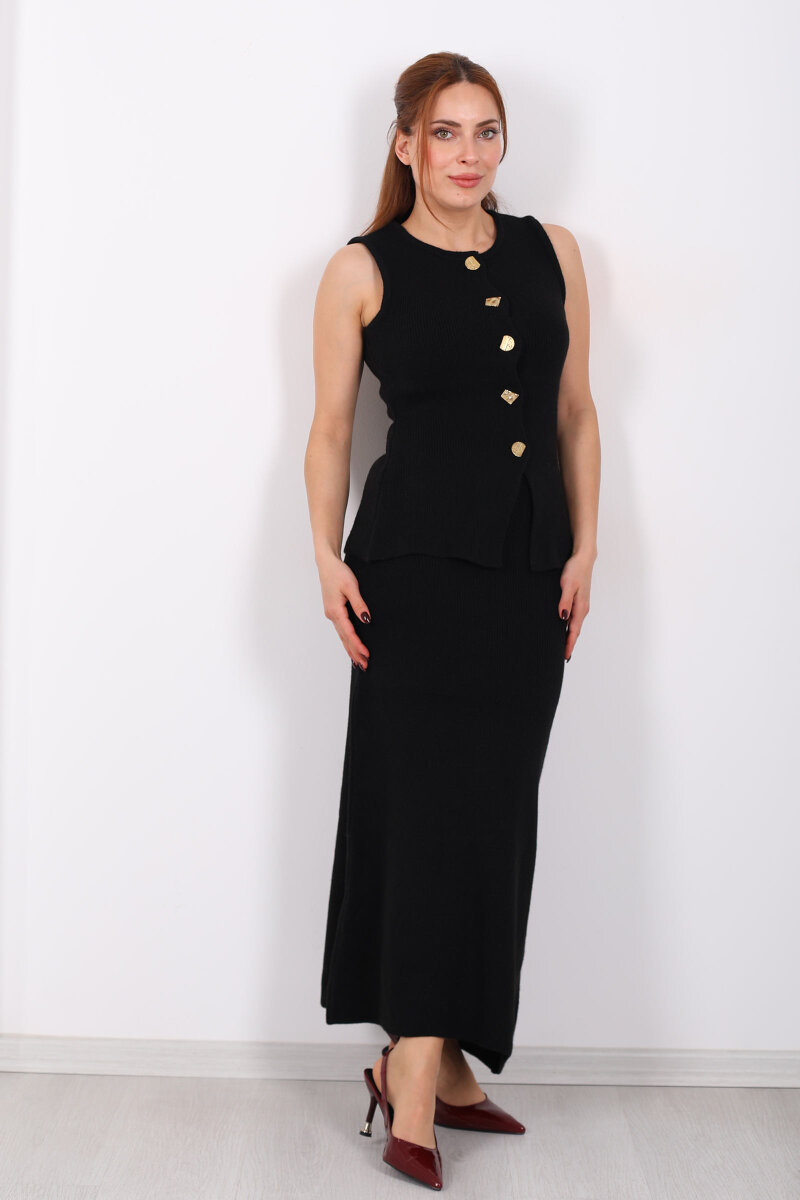 Düğme Aksesuarlı Kadın Siyah Etek Triko Takım - 7