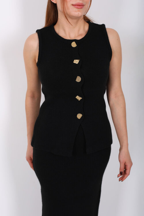 Düğme Aksesuarlı Kadın Siyah Etek Triko Takım - Berox (1)