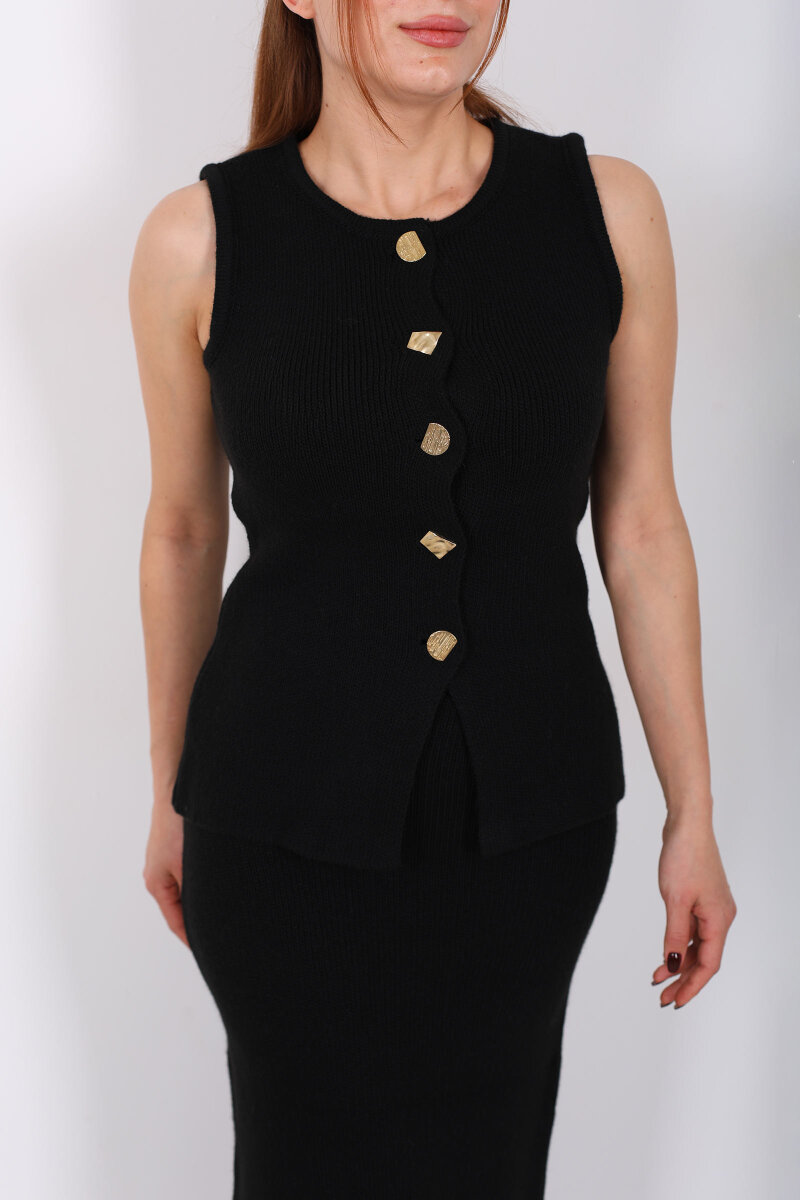 Düğme Aksesuarlı Kadın Siyah Etek Triko Takım - 2