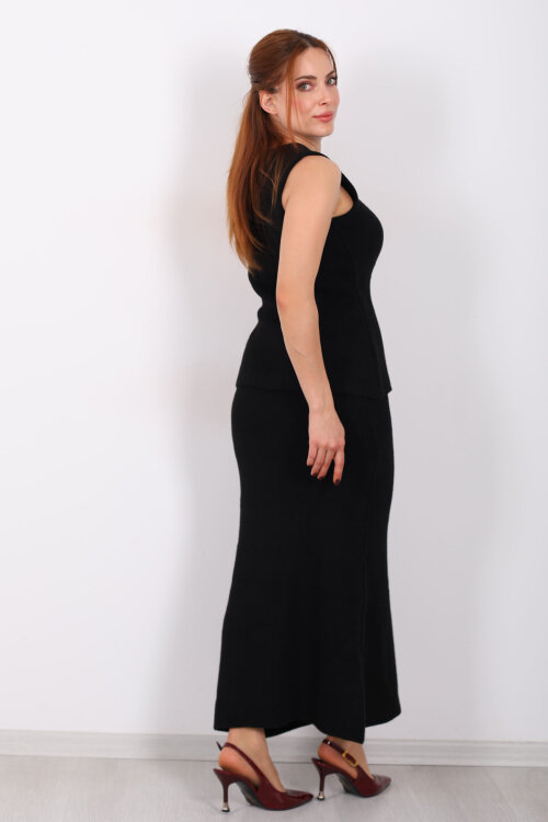 Düğme Aksesuarlı Kadın Siyah Etek Triko Takım - 6