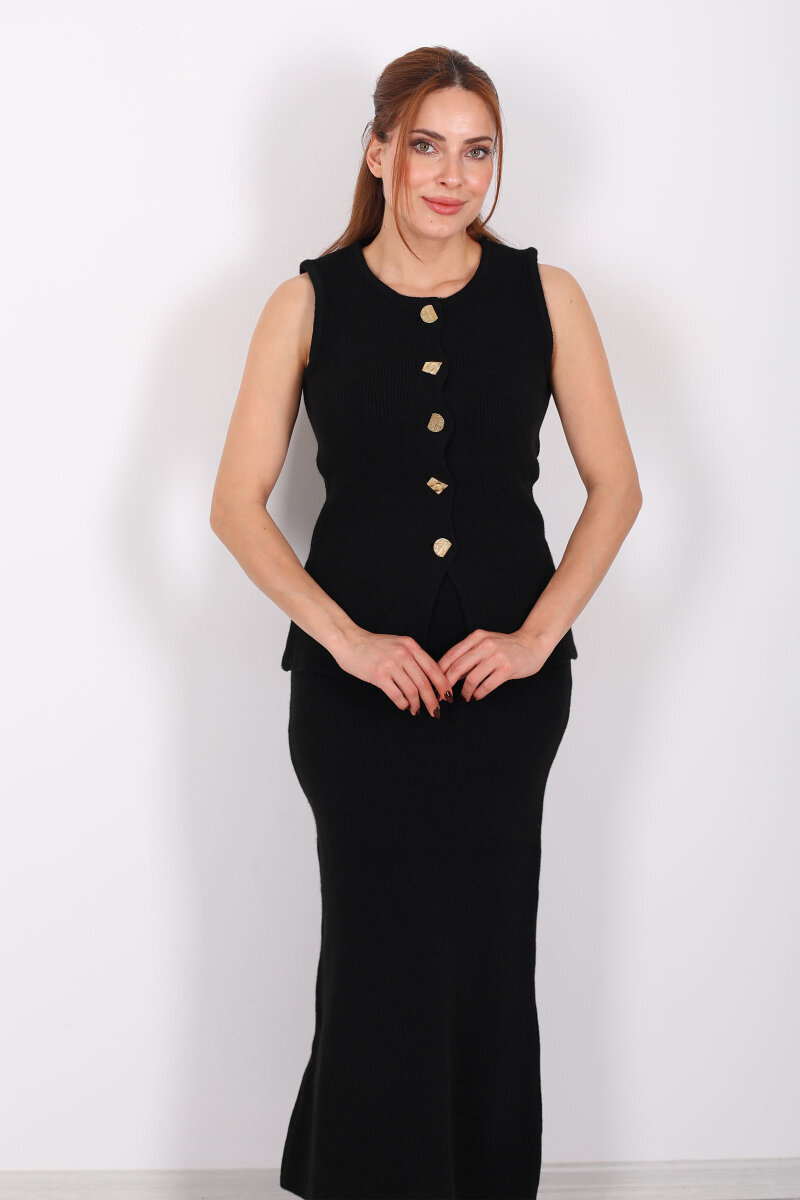 Düğme Aksesuarlı Kadın Siyah Etek Triko Takım - 1