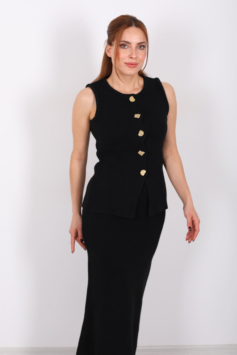 Düğme Aksesuarlı Kadın Siyah Etek Triko Takım - 4