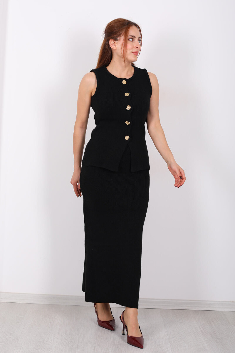 Düğme Aksesuarlı Kadın Siyah Etek Triko Takım - 5