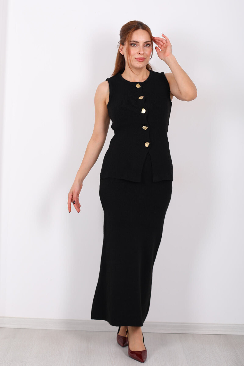 Düğme Aksesuarlı Kadın Siyah Etek Triko Takım - 3