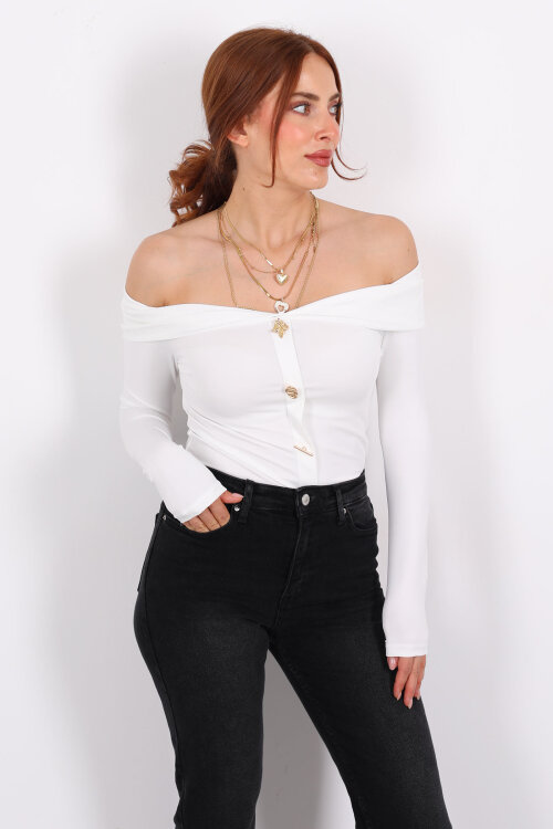 Düğme Aksesuarlı Madonna Yaka Beyaz Kadın Crop - Berox