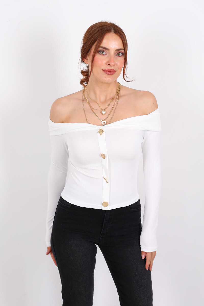 Düğme Aksesuarlı Madonna Yaka Beyaz Kadın Crop - 4