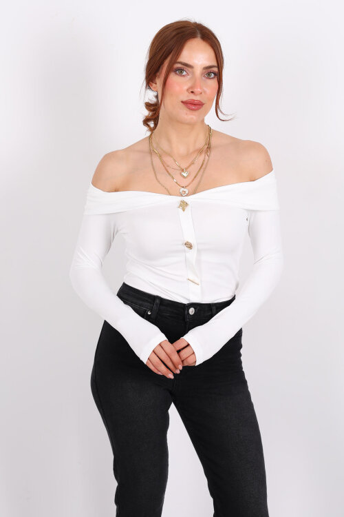 Düğme Aksesuarlı Madonna Yaka Beyaz Kadın Crop - 6