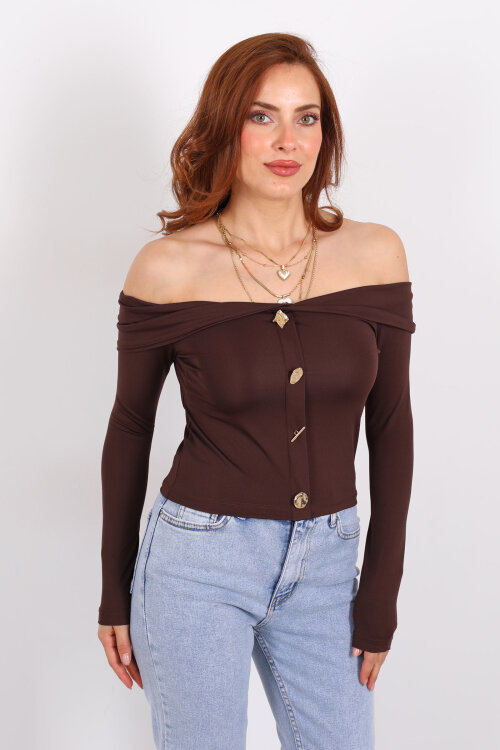 Düğme Aksesuarlı Madonna Yaka Kahverengi Kadın Crop - 6