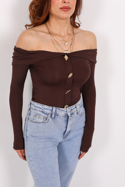 Düğme Aksesuarlı Madonna Yaka Kahverengi Kadın Crop - Berox (1)