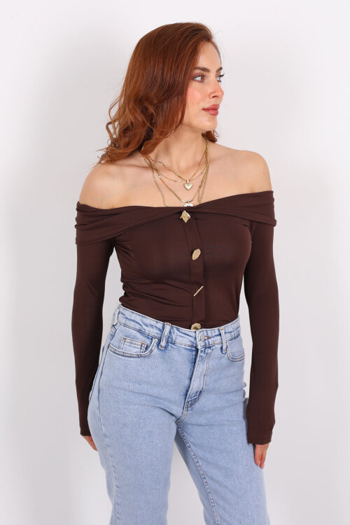 Düğme Aksesuarlı Madonna Yaka Kahverengi Kadın Crop - 4