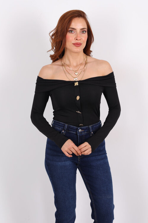 Düğme Aksesuarlı Madonna Yaka Siyah Kadın Crop - 3